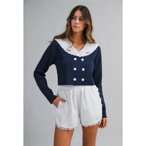 1140 • Navy Knit Double Breast Cardigan Style Top w/White Scallop Cotton Collar